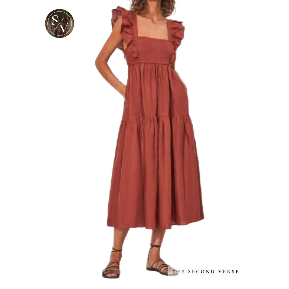 Kivari Clove Linen Blend‎ Open Tie Back Midi Dress Boho Cottagecore Size 6